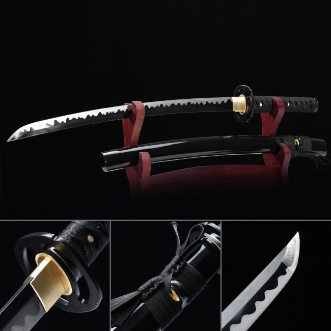 Wakizashi Sword Manganese Steel 20.47" Chrome Blade with Black Piano Lacquer Saya and Gold Tsuba