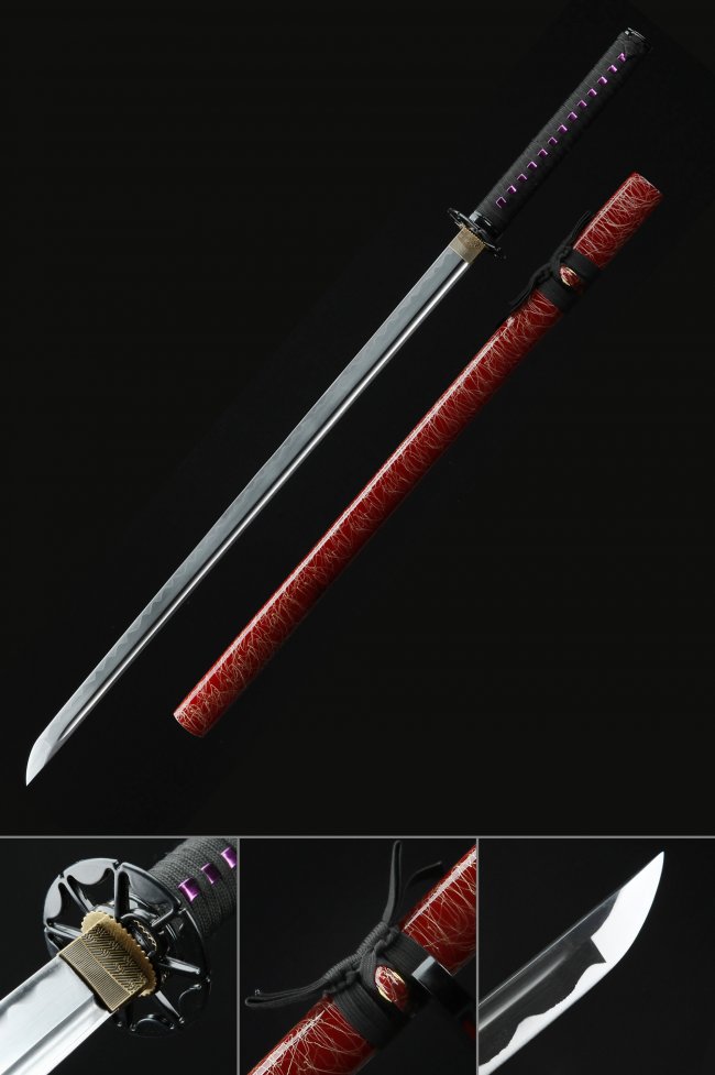 1045 Carbon Steel Chokuto Ninjato with Red Lacquer Saya - Black Tsuba & Purple Menuki Katana