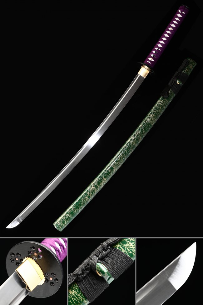 1065 Carbon Steel Katana with Green Piano Lacquer Saya and Purple Tsuka - Full Tang Samurai Sword
