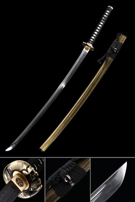 Handmade T10 Carbon Steel Musashi Tsuba Real Hamon Japanese Samurai Katana Sword With Brown Scabbard