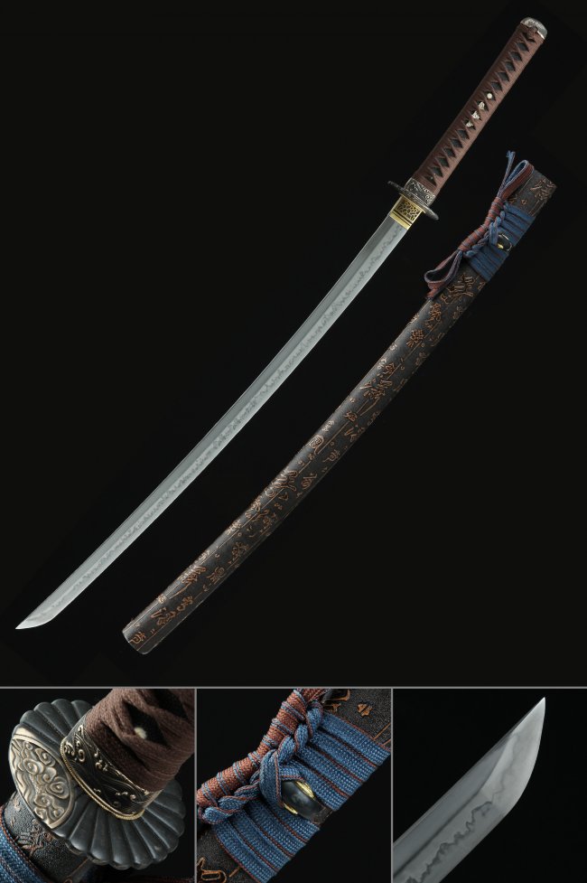 Clay Tempered T10 Steel Katana with Real Hamon - Brown Ito Wrap, Kanji Engraved Saya in Gold Gilding Tsuba