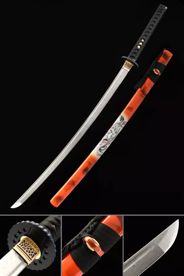 Katanas tranchant en acier T10 noir et orange. Sabre japonais lame affiné,  plus léger