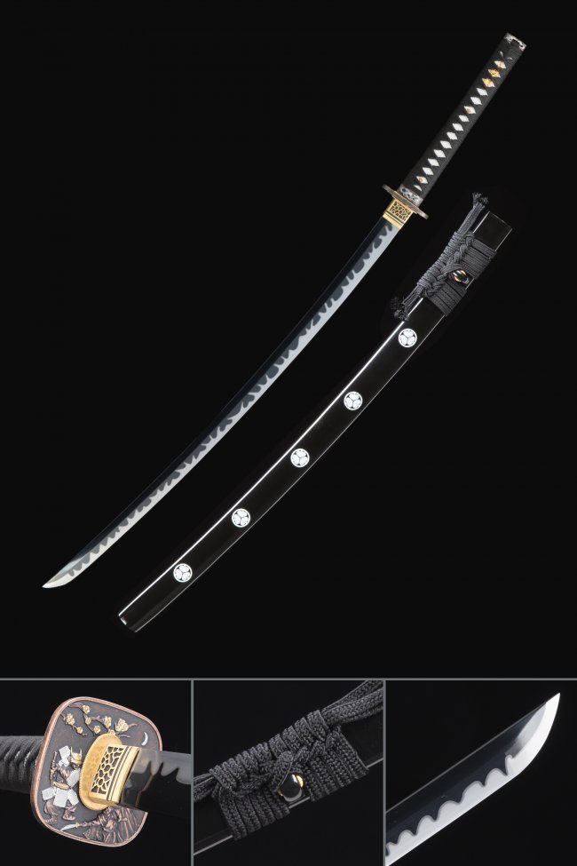 Black Manganese Steel Katana with Raging Fire Hamon, Samurai Tsuba & Black Lacquer Saya