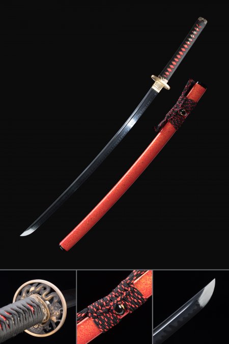 Black Blade Katana, Handmade Japanese Katana Sword T10 Carbon Steel With Black Blade And Red Saya