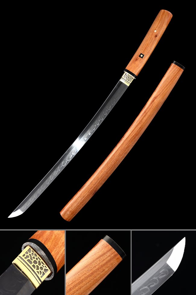 T10 Steel Shirasaya Wakizashi in Natural Hardwood with Wave-Engraved Blade and Real Hamon