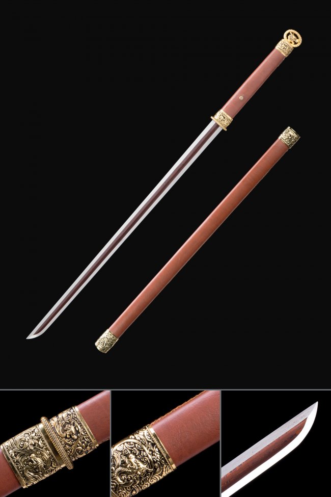 Damascus Steel Double Edge Ninjato with Brown Leather Saya - Gold Ornate Alloy Tsuba Replica