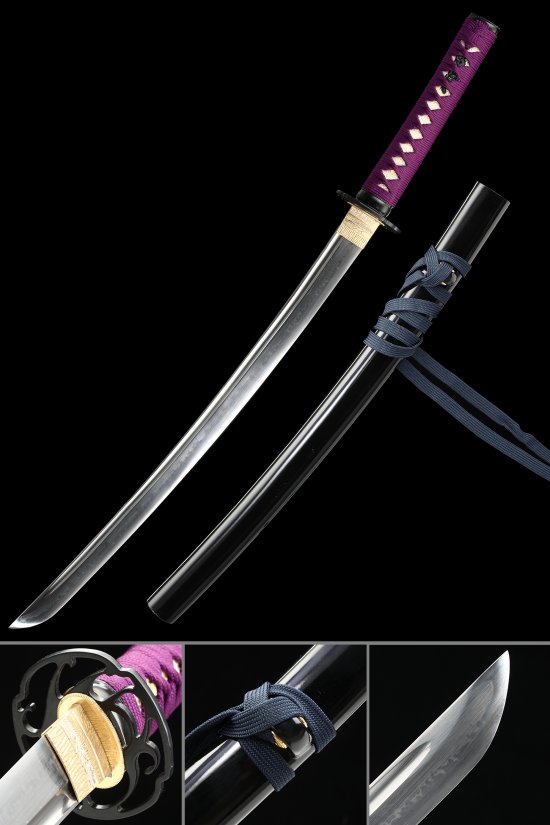 T10 Carbon Steel Wakizashi with Purple Ito, Black Lacquer Saya & Dark Blue Sageo