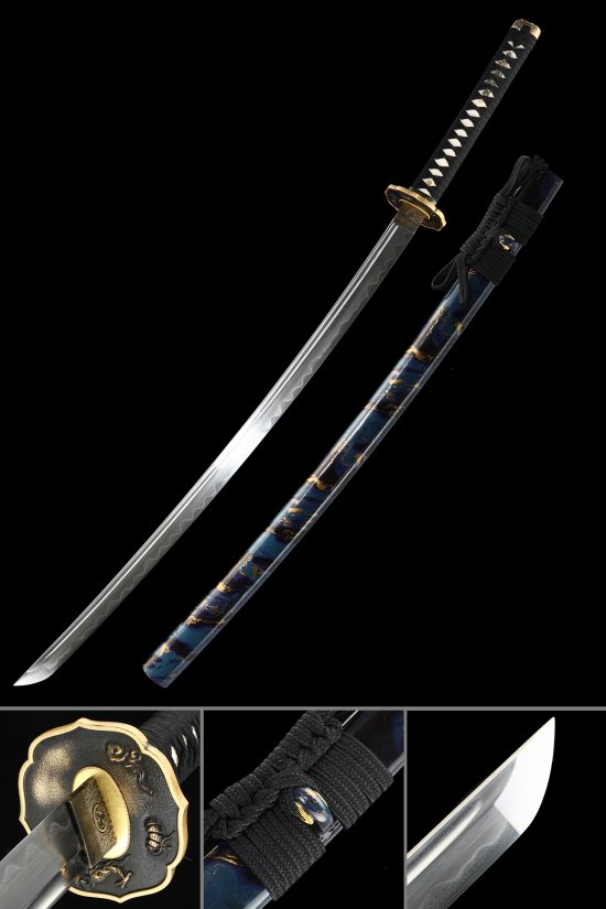 Folded Melaleuca Steel Katana with Hamon Blade in Dark Blue Dragon Saya - Black Tsuka