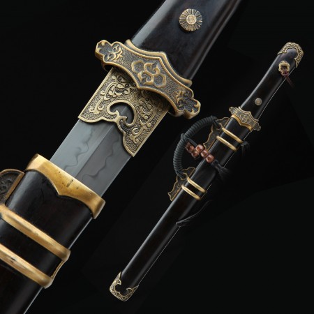 Handmade 1095 Carbon Steel Real Hamon Chinese Short Sword With Ebony Scabbard