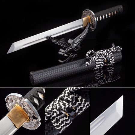 Handmade High Manganese Steel Japanese Hamidashi Tanto Sword With Black Scabbard And Dragon Tsuba