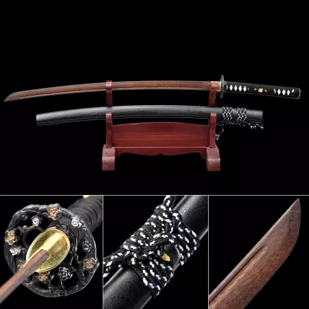 Handmade Brown Wooden Blade Unsharpened Katana Sword With Black Scabbard And Flower Tsuba