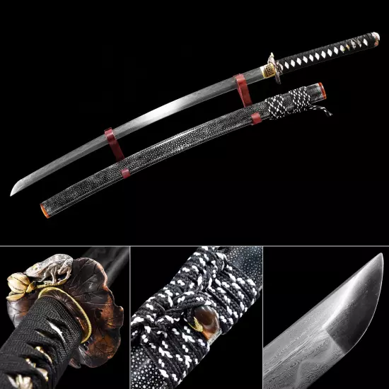 Handmade Japanese Katana Pattern Steel Real Hamon Full Tang With Rayskin Scabbard