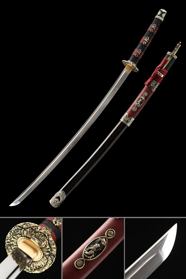 Manganese Steel Katana with Floral Copper Tsuba and Dark Red Lacquer Saya - Collectible Samurai Sword