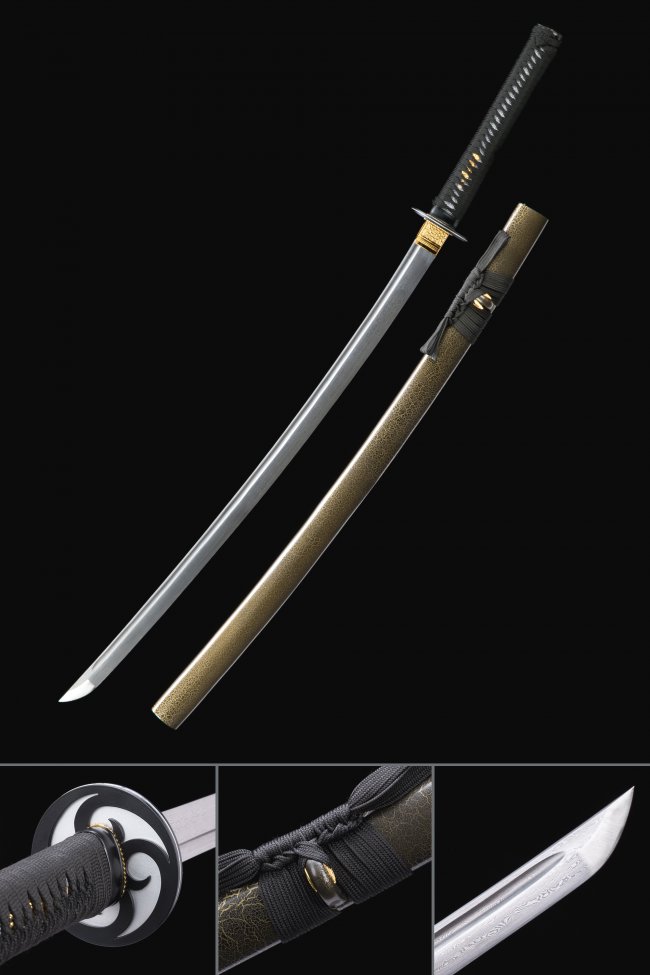Damascus Steel Katana with Dragon Engraving in Gold Lacquer Saya - Black Ito Wrap Collectible