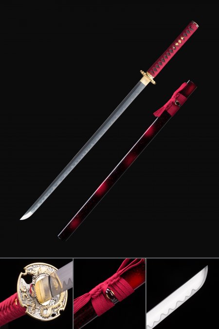 Handmade High Manganese Steel Straight Blade Chokuto Japanese Ninjato Sword With Dark Red Scabbard