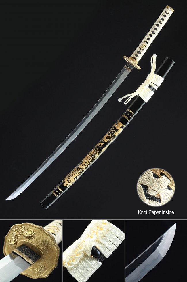 T10 Folded Clay Tempered Katana with Real Hamon - Golden Phoenix Saya and Dragon Copper Tsuba