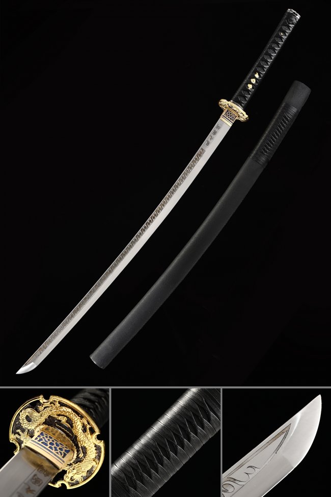 Dragon Tsuba Katana in Manganese Steel with Black Saya - Gold-Black Alloy Guard, Full Tang