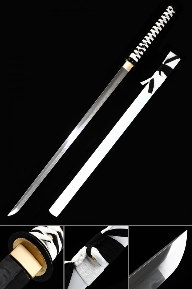 T10 Steel Ninjato with Real Hamon in White Hardwood Saya - Black & White Cord Handle, 28.5" Blade
