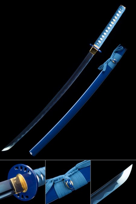 Handgefertigtes Japanisches Samurai-schwert 1045 Kohlenstoffstahl Mit Blauer Klinge Und Scheide