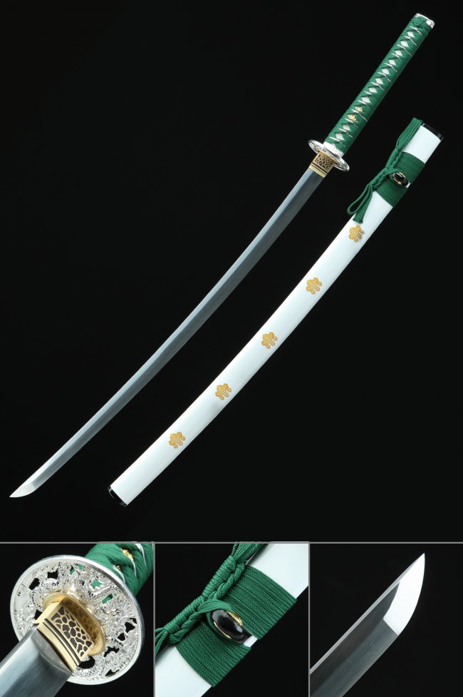 1095 Carbon Steel Katana with White Lacquer Saya - Green Ito, Dragon Tsuba, Gold Floral Motif