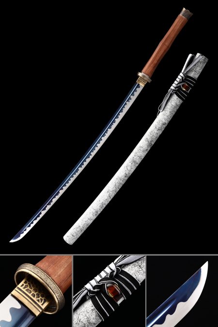 Handmade Real Japanese Katana Sword With Blue Blade And White Saya