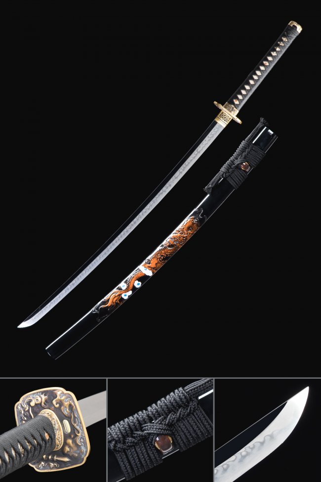Dragon Tsuba T10 Carbon Steel Katana, Real Hamon, Full Tang & Black Dragon Saya