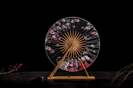 Japanese Cherry Blossom Round Windmill Fan With Bamboo Frame For Decoration