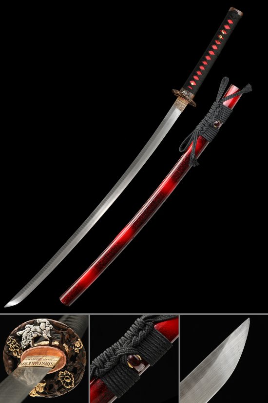 Damascus Steel Katana with Red Lacquer Saya - Black & Red Ito, Floral Alloy Tsuba, Full Tang
