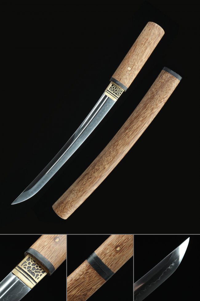 T10 Clay Tempered Shirasaya Tanto with Real Hamon in Natural Rosewood Saya - Aikuchi Collectible