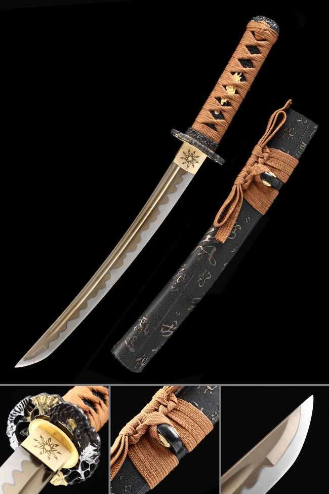 Wave Tsuba Manganese Steel Tanto, Full Tang, Black Saya & Brown Tsuka
