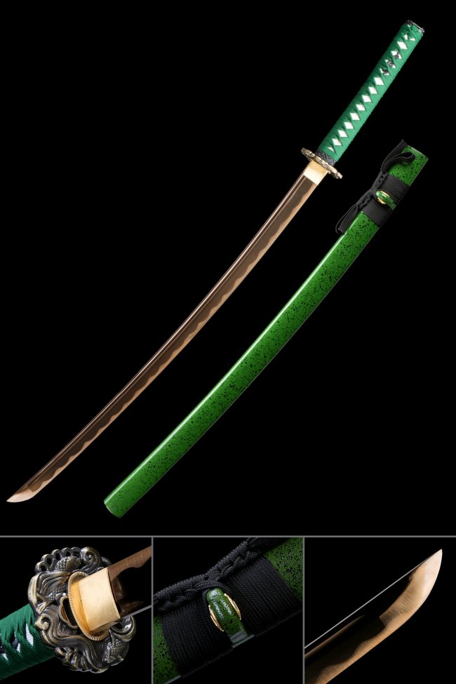 1045 Carbon Steel Katana with Bronze-Gold Blade and Green Speckled Saya - Full Tang Japanese Sword with Wave Tsuba