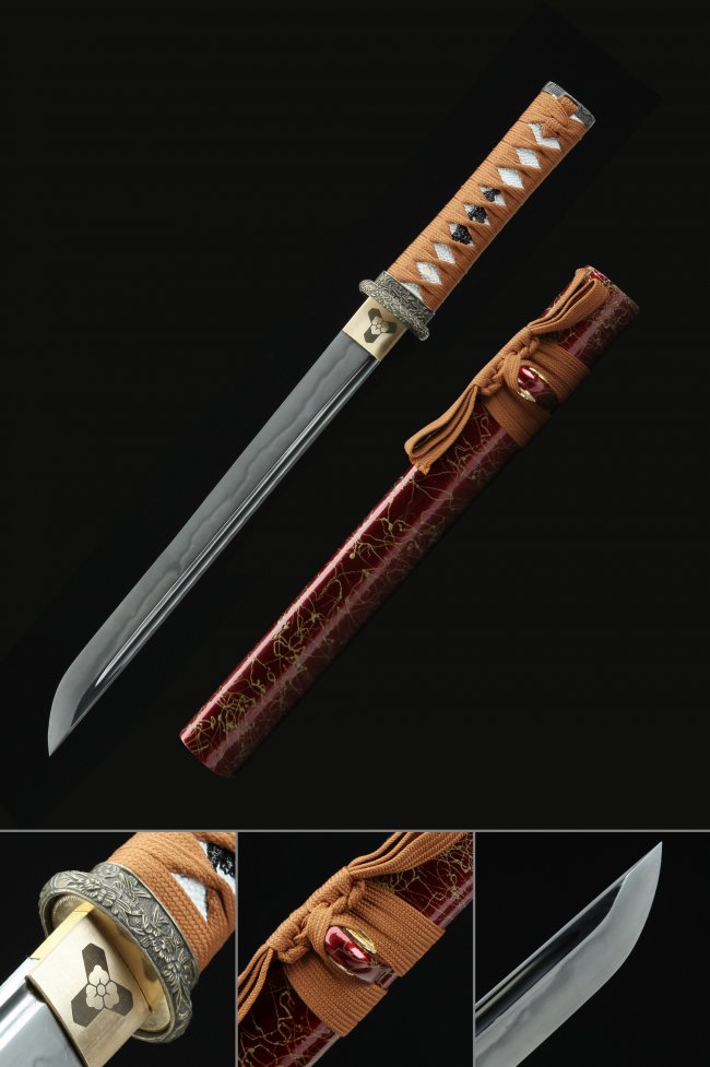 T10 Carbon Steel Tanto with Real Hamon - Red Saya, Brown Cord Handle, Alloy Tsuba
