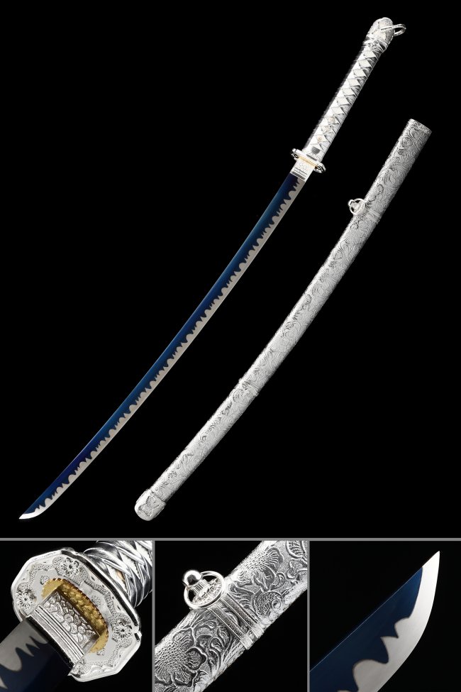 WW2 Shin Gunto Type 98 Katana - Blue Blade in Silver Engraved Saya with Chrysanthemum Tsuba