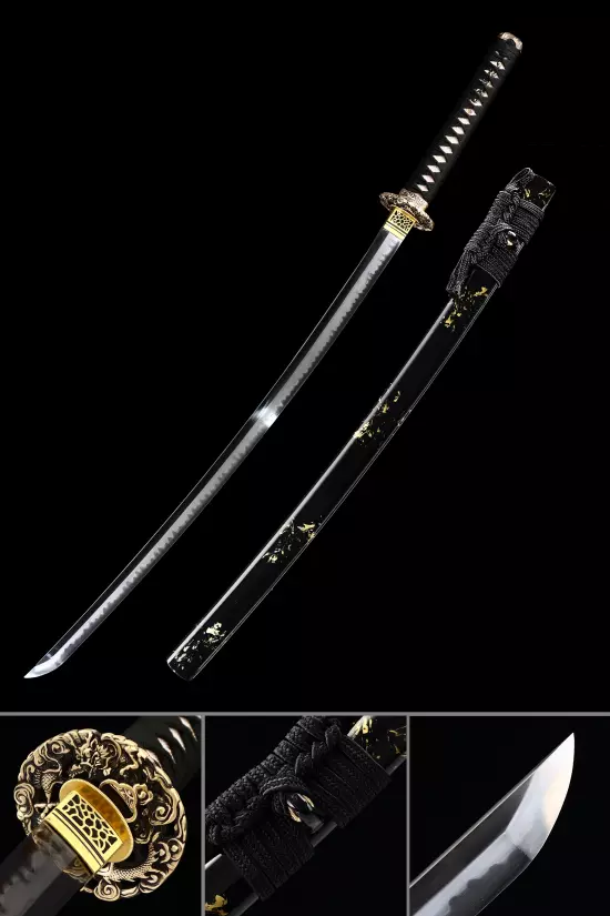 Handmade Japanese Katana Sword T10 Folded Clay Tempered Steel With Black Scabbard