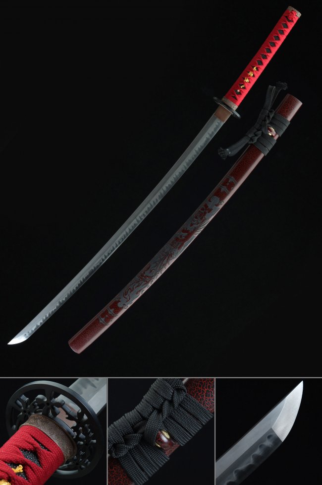 Dragon Tsuba T10 Carbon Steel Katana, Handmade, Dark Red Dragon Saya & Red Tsuka