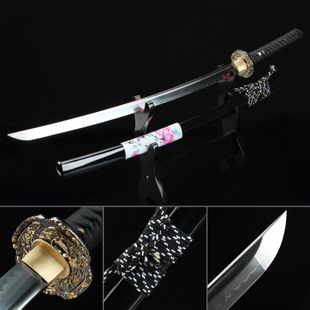 Handmade Japanese Katana Sword T10 Folded Clay Tempered Steel Full Tang With Black Scabbard
