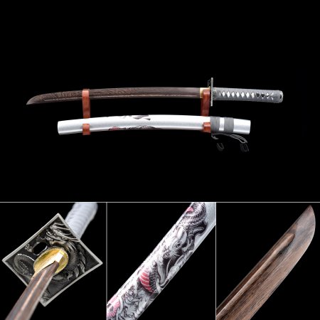 Handmade Brown Wooden Blade Unsharpened Wakizashi Sword With Silver Scabbard And Dragon Tsuba