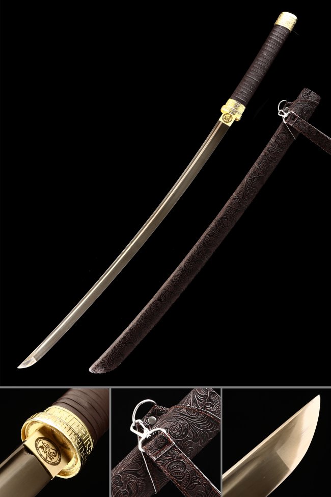 Manganese Steel Katana with Golden Blade and Brown Leather-Wrapped Saya - Full Tang Collectible Sword