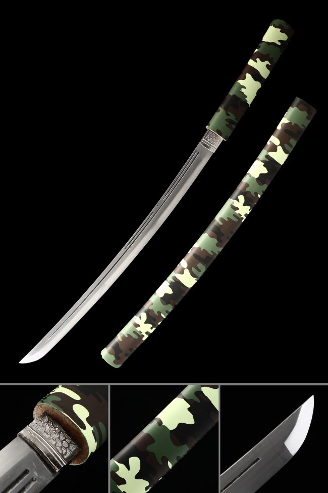 Manganese Steel Shirasaya Wakizashi with Camo Hardwood Saya - Full Tang, No Tsuba