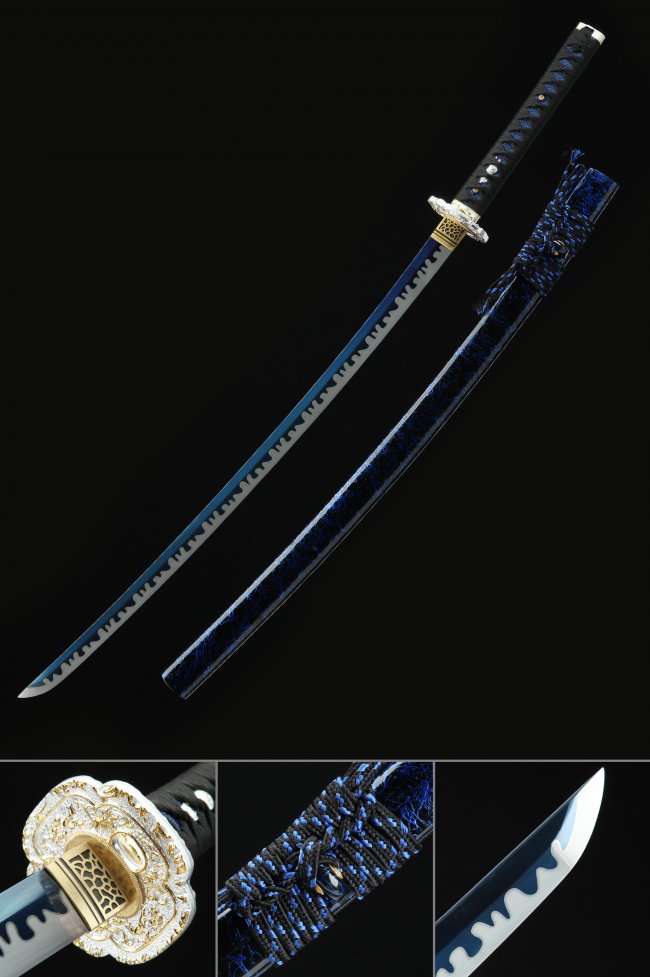 Spring Steel Blue Blade Katana with Snake Theme Tsuba in Gold-Silver Alloy and Blue Hardwood Saya