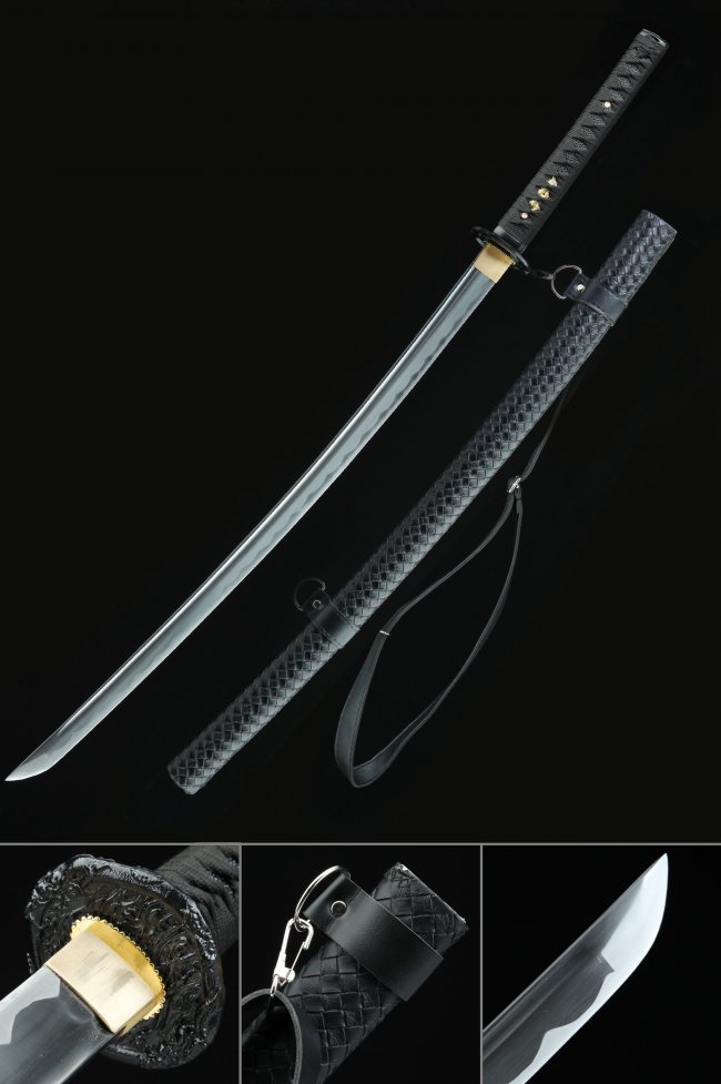 1060 Spring Steel Katana with Black Leather-Wrapped Saya and Dragon Tsuba - Full Tang Japanese Sword
