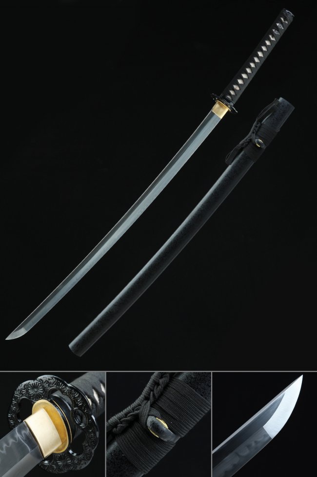 T10 Folded Clay Tempered Steel Katana with Real Hamon in Black Matte Saya - Lotus Tsuba Collectible Sword