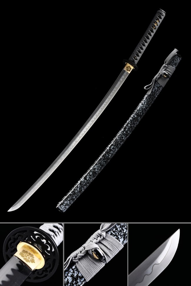 Clay Tempered Manganese Steel Katana with Real Hamon in Black and Silver Marble Saya - Grey Wrap