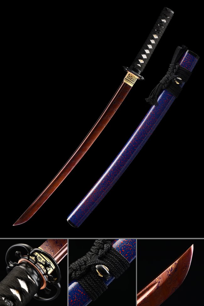 Damascus Steel Wakizashi with Dark Red Blade, Blue Lacquer Saya & Gold-Black Tsuba - Dragon Engraved
