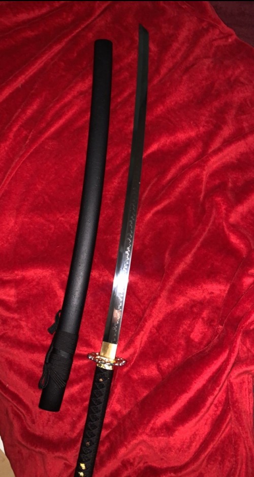 Japanese Katana Sword T10 Folded Clay Tempered Steel With Black Scabbard