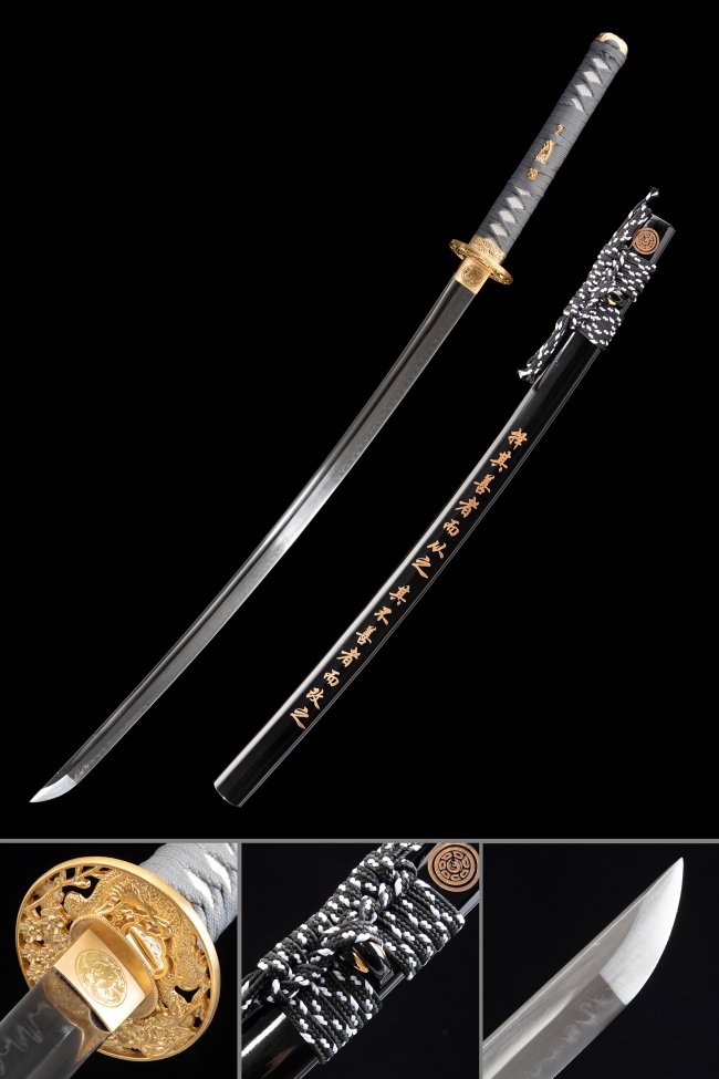 T10 Folded Clay Tempered Steel Katana with Real Hamon - Gold Dragon Tsuba in Black Lacquered Saya