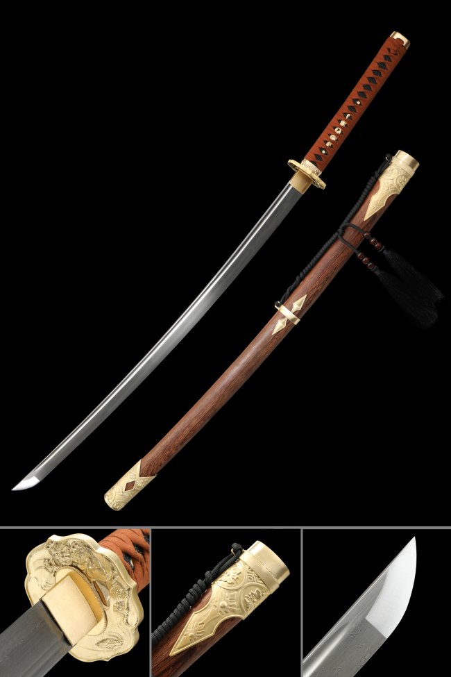 Damascus Steel Katana with Brown Hardwood Saya - Gold Tsuba, Brown Cord Handle