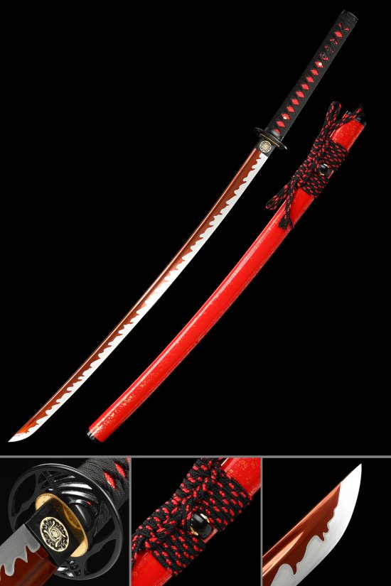 Dragon Tsuba 1095 Carbon Steel Katana, Handmade, Red Saya & Black Red Tsuka