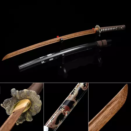 Handmade Brown Wooden Blunt Unsharpened Blade Katana Sword With Black Scabbard And Alloy Tsuba