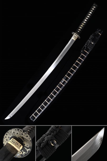 Handmade Sharp Katana Sword T10 Folded Clay Tempered Steel Real Hamon With Peacock Tsuba